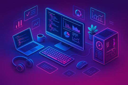 Software development workspace with laptop and desktop computer showing glowing coding data charts and futuristic analytics dashboard