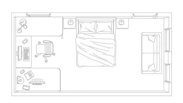 Top View Line Drawing of a Bedroom with Desk and Sofa