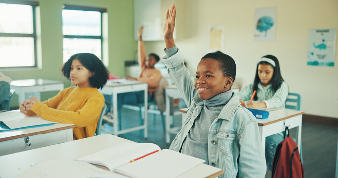 Studying, raised hands and answer with child in classroom for student opinion, quiz discussion and attention. Course guidance, question and problem solving solution with kids in school for lesson - Powered by Adobe