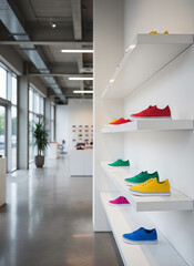 Shoes display window. Colorful sneakers displayed on shelves in modern shoe store interior  