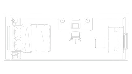 Top view line art of a bedroom with bed and desk interior