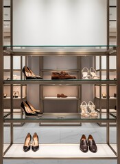 Elegant shoe display in modern retail store with glass shelves  