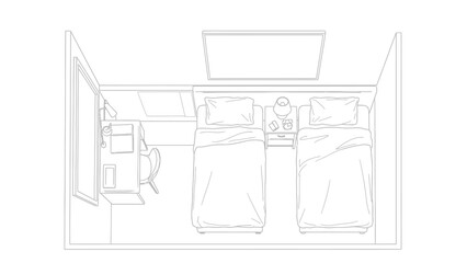 Overhead view of a room with two beds and a desk floor plan