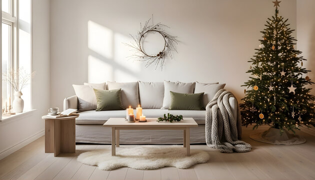 Luxury contemporary living room interior design with comfortable sofa, armchair, and modern fireplace decor - Powered by Adobe