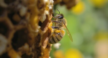 Honey bee working on honeycomb producing natural wax