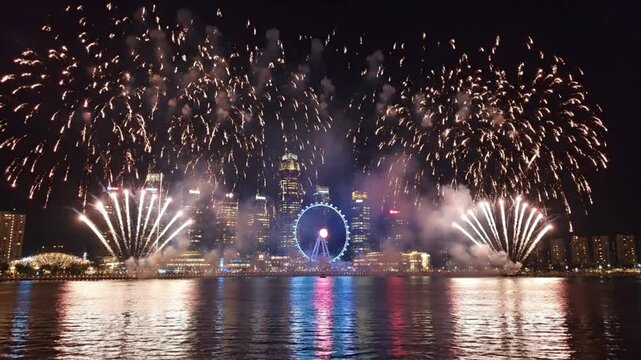Spectacular fireworks illuminate a city skyline and waterfront at night