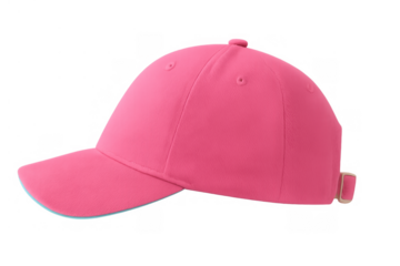 Pink baseball cap isolated on a transparent background, side view showing headwear, fashion, and casual accessory