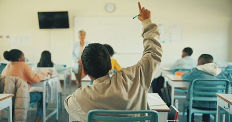 Learning, raised hands and answer with children in classroom for student opinion, quiz discussion...