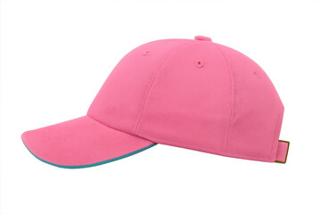 Fototapeta premium Pink baseball cap with blue brim, casual headwear for fashion and sports, isolated on transparent background