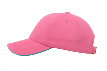 Pink baseball cap with blue brim, casual headwear for fashion and sports, isolated on transparent background