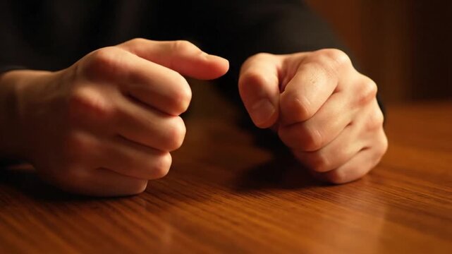 Close-up of two clenched fists firmly resting on a polished wooden table