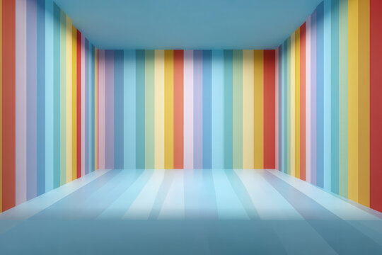 Colorful striped room with blue floor and walls, designed for creative activities and fun moments during daytime