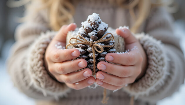 Child's hands holding a snow covered pine cone tied with twine in a winter wonderland - Powered by Adobe
