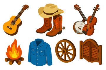Country Music Icons. Isometric vector illustration set Musical genres – acoustic guitar, cowboy boots, Stetson hat; banjo, fiddle,