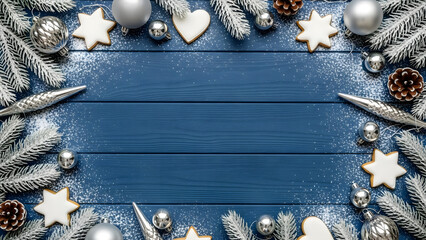 Festive Christmas holiday flat lay with a decorative border of snowy fir branches, silver ornaments, and cookies on a classic blue wooden surface