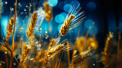 Fototapeta premium Golden Wheat Glimmers in Sunlight With Blue Background Creating a Stunning Natural Scene