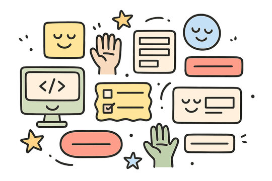 Accessible Design Workshop. Delightful doodle of accessible design workshop with cheerful code snippets, buttons, and forms