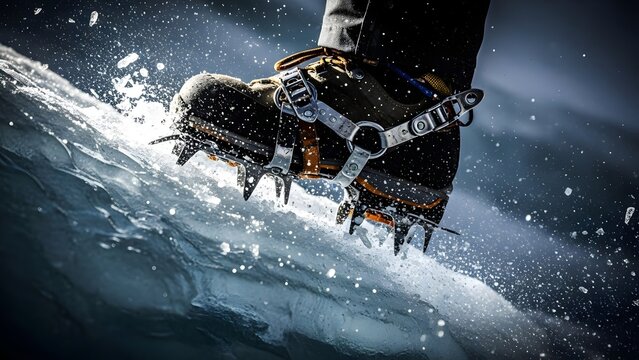Mountaineering boot with sharp crampons gripping a slippery icy surface, showing dynamic splashes of ice and water. Close-up of a climber's foot on a glacier or frozen terrain.