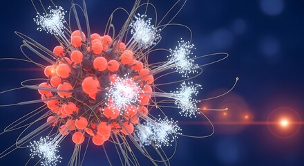 Microscopic View of a Virus Particle with Glowing Spikes and Tendrils.