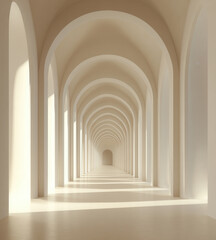 Fototapeta premium Long hallway with arches and light creating shadows in a simple interior space