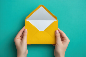 Hands holding a yellow envelope on a teal background ready to send a letter or invitation