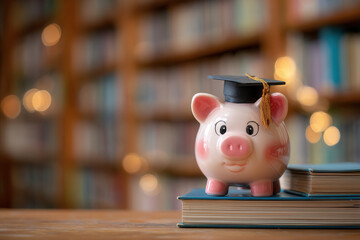 Piggy bank wearing graduation cap on top of books in a library setting during daytime