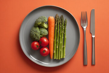 Fresh vegetables arranged on a gray plate with cutlery on an orange surface for a healthy meal