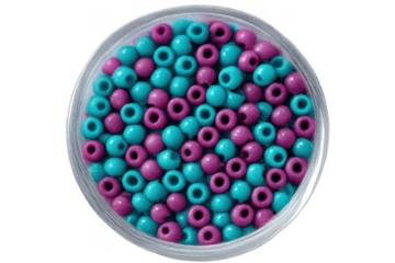 Crafting beads in magenta and teal colors filling clear plastic container, a top view with transparent background