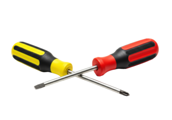 A yellow slotted and a red phillips screwdriver with ergonomic heavy-duty grips on a brilliant white infinity background. Concept of professional-grade tools