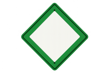 Blank white diamond-shaped road sign with green border, creating a template for custom information or symbols, transparent background