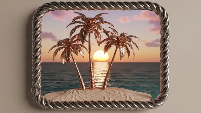 Golden metallic palm trees sunset ocean island silver frame digital render