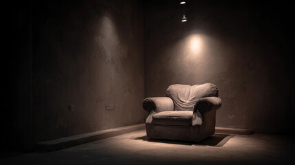 Empty chair in dark room with a single light source