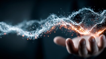 Hand unleashing a vibrant wave of digital energy and data particles representing future innovation and connectivity