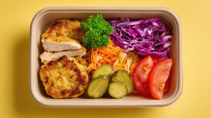 Healthy eating for career growth, a balanced meal prep of grilled chicken with fresh vegetables in a takeout box.