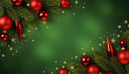 Festive red Christmas background with ornamental baubles, pine branches, and golden holiday decorations