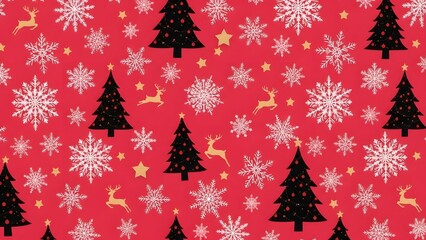 Festive christmas pattern with trees snowflakes reindeer and stars on a red background for holiday designs