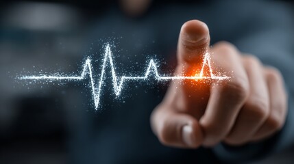 Human hand interacting with a glowing digital pulse line indicating connectivity and advanced technology