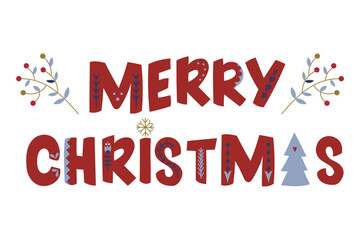 Hand drawn decorative folk lettering Merry Christmas with playful shapes and winter branches. Scandi festive design for holiday cards, banners, seasonal prints Warm, textured and joyful vector artwork