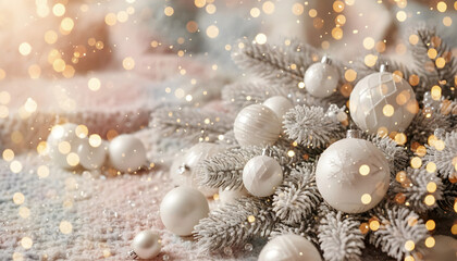Soft pastel Christmas background with frosted evergreen branches, white ornaments and golden bokeh lights