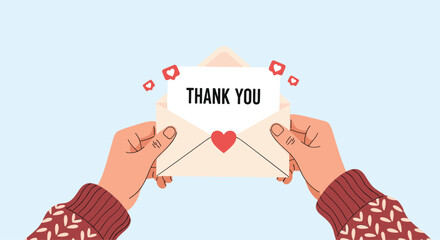 Person's hands holding an open envelope containing a 'Thank You' note, surrounded by small heart icons to express sincere gratitude.