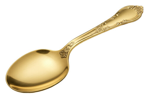 A luxurious polished gold dessert tablespoon with intricate baroque engraving, isolated on a transparent background. Concept of opulence and luxury