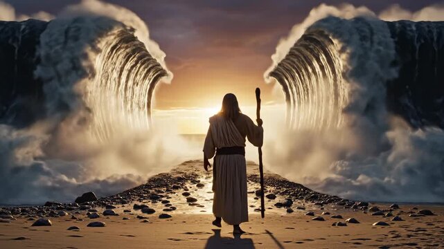Cinematic back view frames Moses standing against glowing horizon as symmetrical water walls hold position, illustrating legendary crossing of Red Sea and power of faith driven leadership.