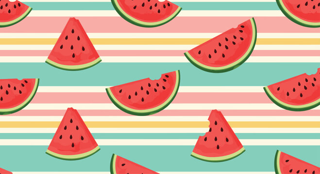 Vibrant seamless pattern of juicy watermelon slices, some with bites taken, on a colorful striped background for a fun summer vibe.