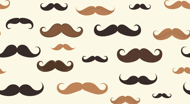 Funky and quirky seamless pattern featuring a variety of mustache styles and colors on a light background, perfect for Father's Day or Movember. - Powered by Adobe