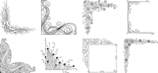 Set of vintage floral corner ornaments and borders isolated on transparent background