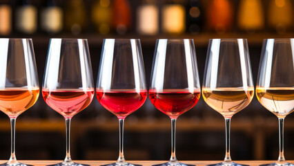 Elegant Display of Different Wine Glasses Showcasing Various Colors for a Romantic Valentine's Day Celebration