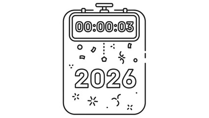 New year 2026 countdown with digital timer and confetti celebration line icon. isolated on white background, Vector