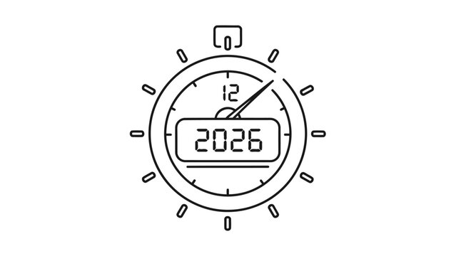 Outline stopwatch icon displaying year 2026, concept of time and future events isolated on white background, Vector