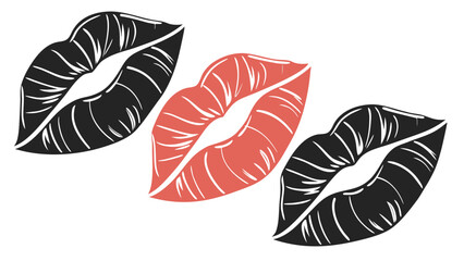 Vector illustration three stylized lipstick kiss marks in black and coral color