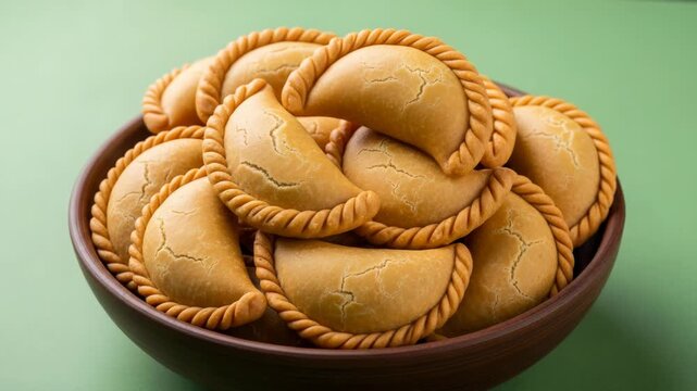 Delicious gujia sweet dumplings in a wooden bowl on a green background